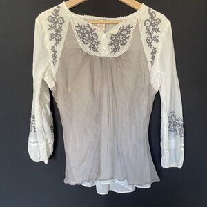 Sundance Womens Embroidered Blouse White Gray Cotton Silk Button Front Size L